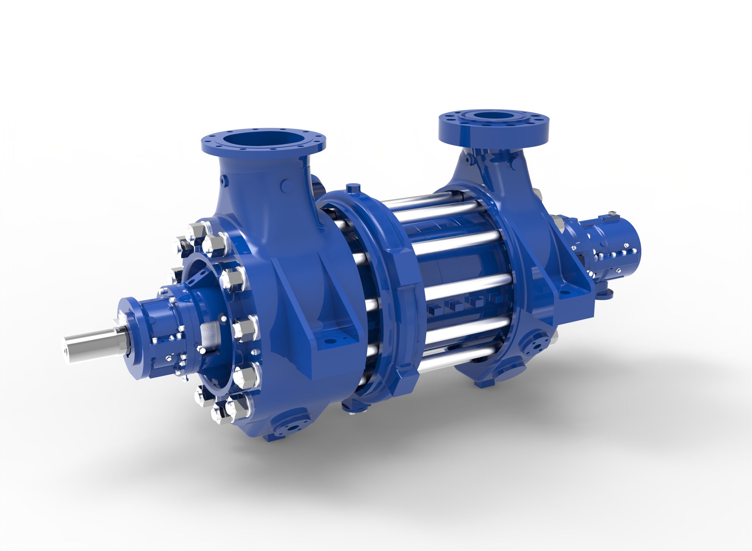 Angled front left side view of a Termomeccanica Pompe MES & MESD BB4 TYPE API 610 Centrifugal Pump manufactured by Trillium Flow Technologies